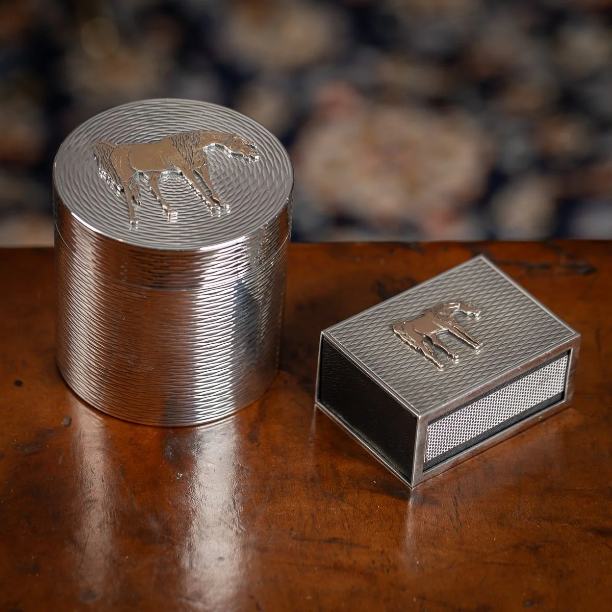 HERMES SOLID SILVER CIGARETTE BOX & MATCHBOX WITH GOLD HORSE